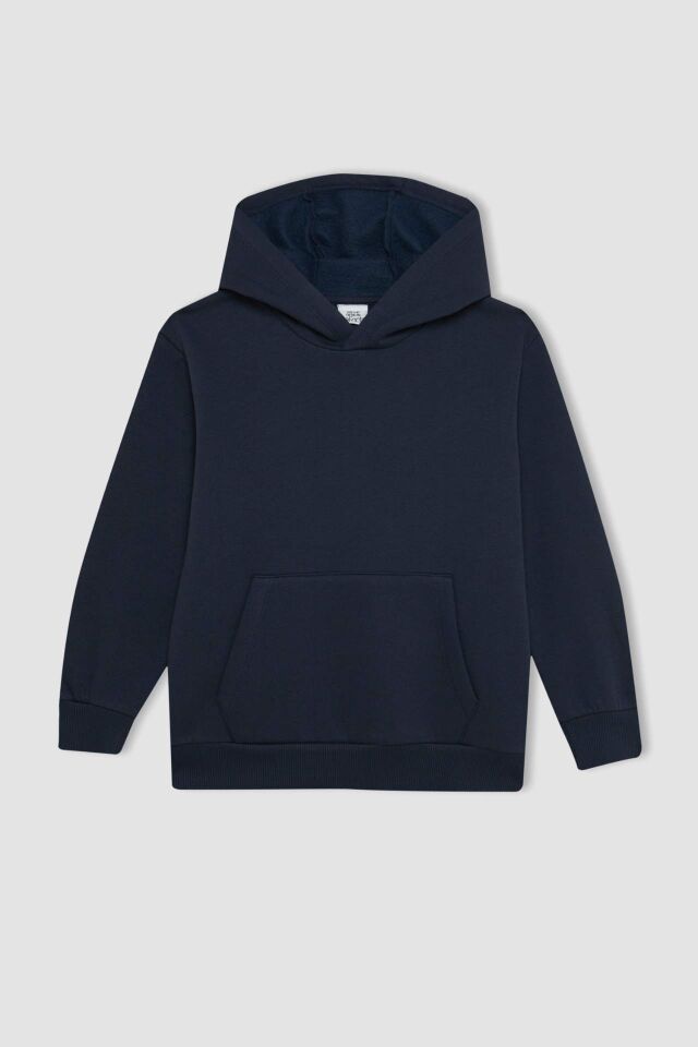 Erkek Çocuk Cepli Kapüşonlu Kalın Basic Düz Okul Sweatshirt