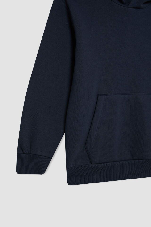 Erkek Çocuk Cepli Kapüşonlu Kalın Basic Düz Okul Sweatshirt
