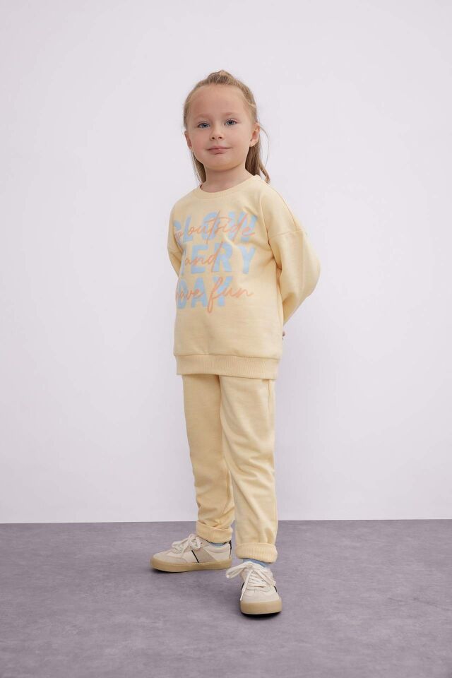 Kız Bebek 2'li Takım Baskılı Bisiklet Yaka Sweatshirt Beli Lastikli Eşofman Altı