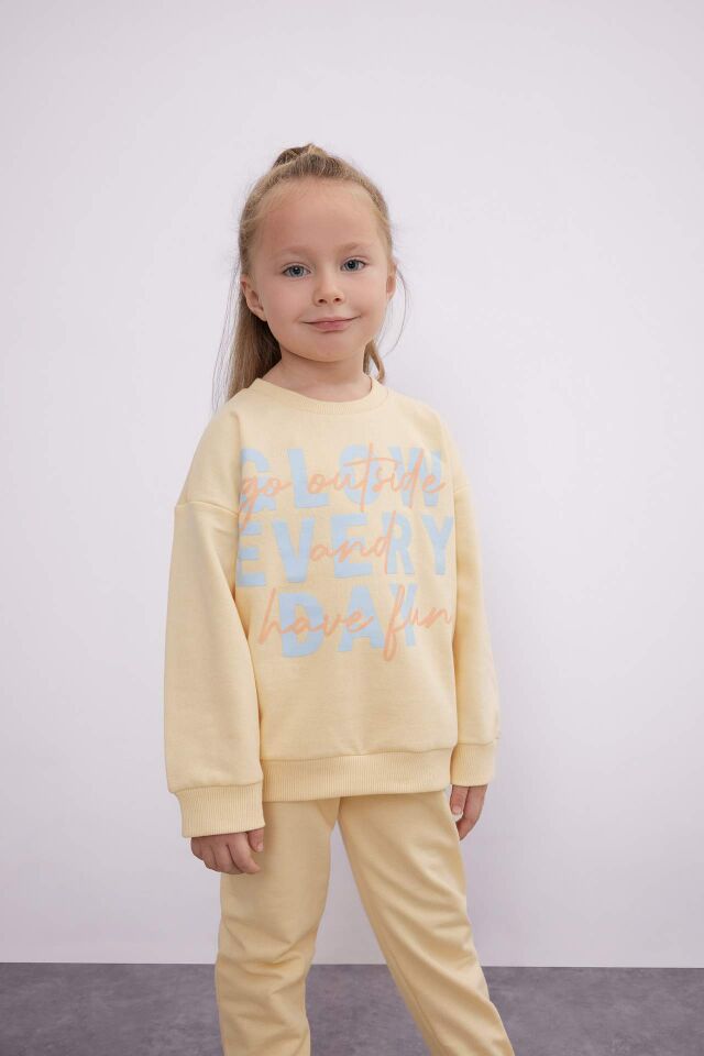 Kız Bebek 2'li Takım Baskılı Bisiklet Yaka Sweatshirt Beli Lastikli Eşofman Altı