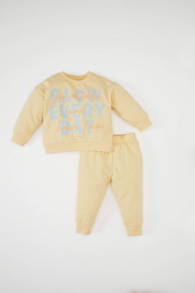 Kız Bebek 2'li Takım Baskılı Bisiklet Yaka Sweatshirt Beli Lastikli Eşofman Altı