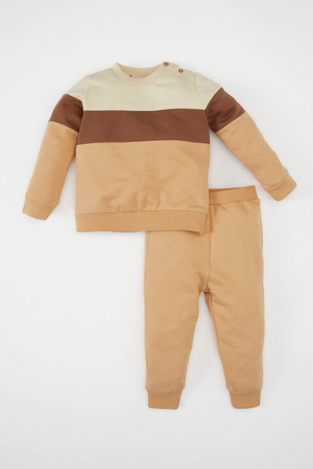 Erkek Bebek 2'li Takım Renk Bloklu Uzun Kollu İçi Yumuşak Tüylü Sweatshirt Üst Jogger Eşofman Altı