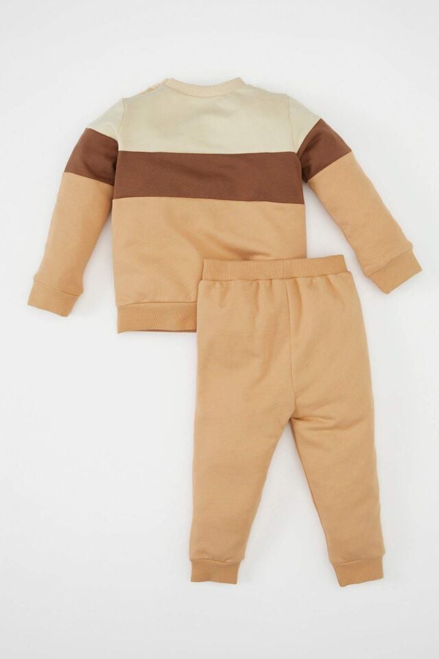 Erkek Bebek 2'li Takım Renk Bloklu Uzun Kollu İçi Yumuşak Tüylü Sweatshirt Üst Jogger Eşofman Altı