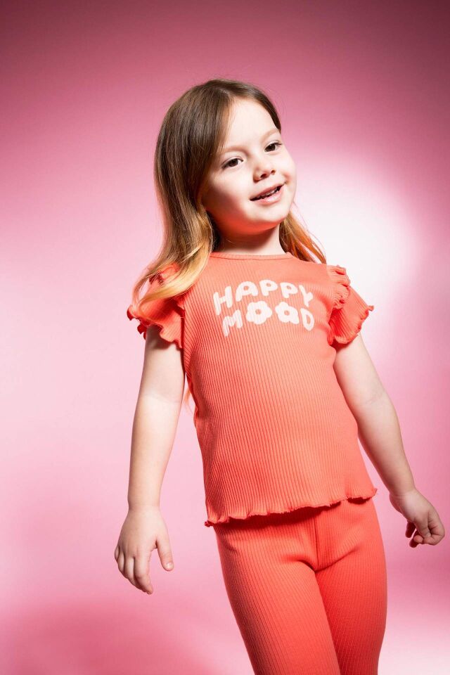 Kız Bebek 2'li Takım Baskılı Kısa Kollu Fitilli Kaşkorse Tişört Tayt