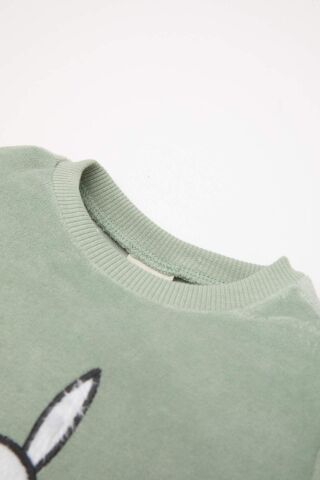 Kız Bebek Pijama Takım Tavşan Baskılı Velur  Uzun Kollu Üst Beli Lastikli Uzun Alt