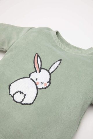 Kız Bebek Pijama Takım Tavşan Baskılı Velur  Uzun Kollu Üst Beli Lastikli Uzun Alt