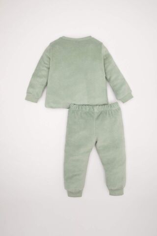 Kız Bebek Pijama Takım Tavşan Baskılı Velur  Uzun Kollu Üst Beli Lastikli Uzun Alt