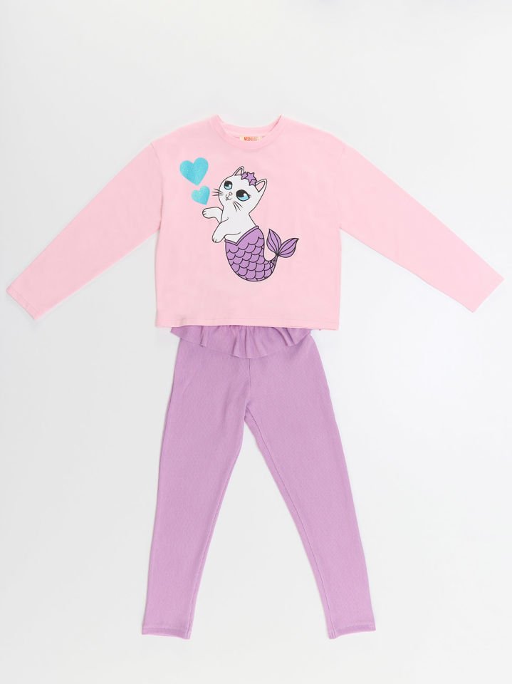 Deniz Kedisi Kız Çocuk T-Shirt Tayt Takım 4 Y - Pembe, Lila
