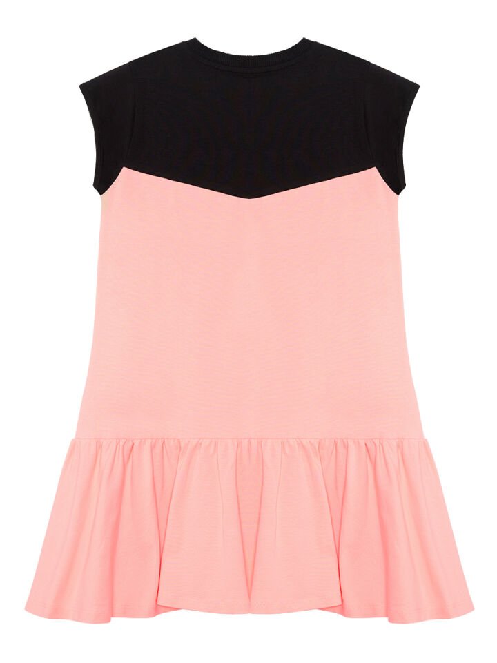 Çiçekli Unicorn Kız Çocuk Somon Siyah Elbise