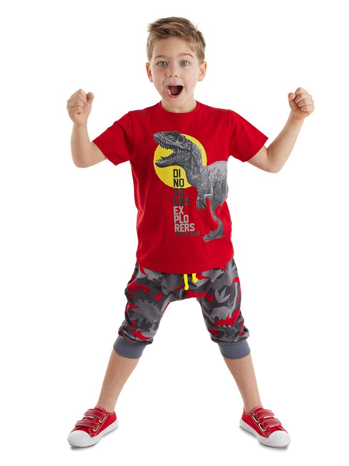 Dino Kamuflaj Erkek Çocuk T-shirt Kapri Şort Takım