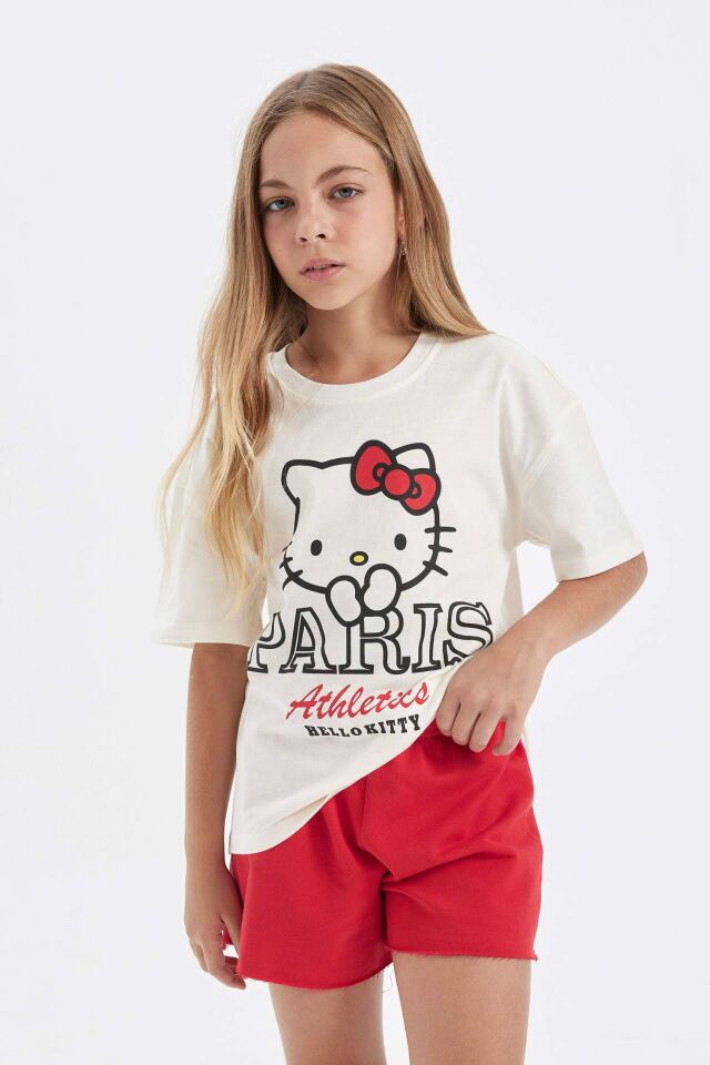 Kız Çocuk Hello Kitty Relax Fit Bisiklet Yaka Kısa Kollu Tişört