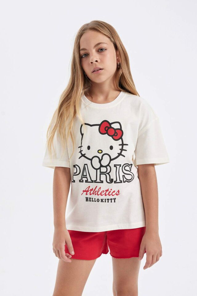 Kız Çocuk Hello Kitty Relax Fit Bisiklet Yaka Kısa Kollu Tişört