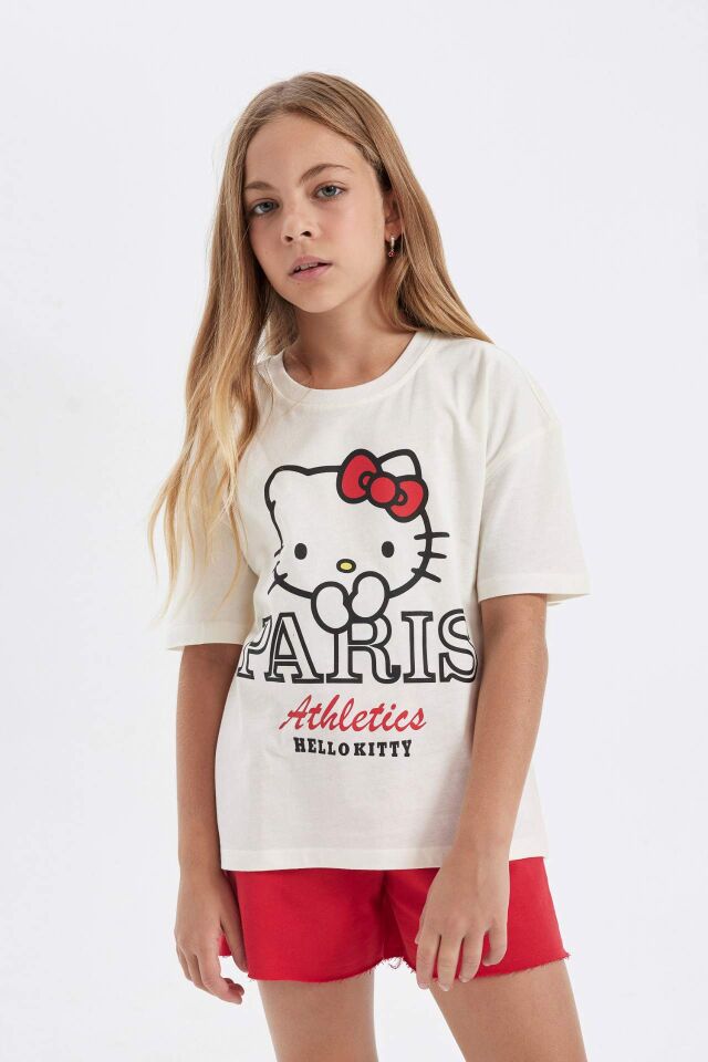 Kız Çocuk Hello Kitty Relax Fit Bisiklet Yaka Kısa Kollu Tişört