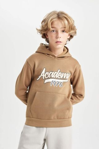Erkek Çocuk Kapüşonlu Cepli Baskılı Kalın Sweatshirt