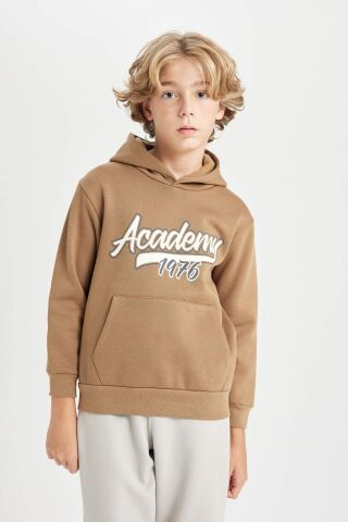 Erkek Çocuk Kapüşonlu Cepli Baskılı Kalın Sweatshirt
