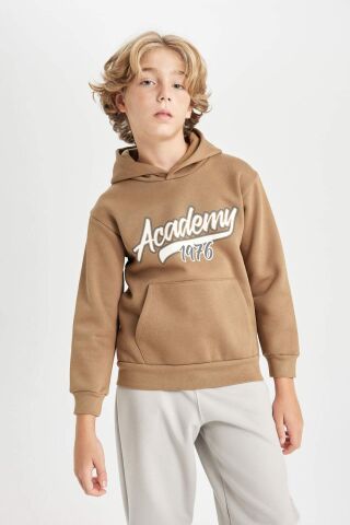 Erkek Çocuk Kapüşonlu Cepli Baskılı Kalın Sweatshirt