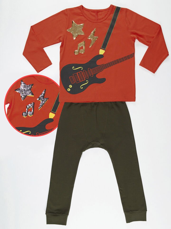 Gitarist Erkek Çocuk T-shirt Pantolon Takım 7 Y - Açık Kırmızı Haki