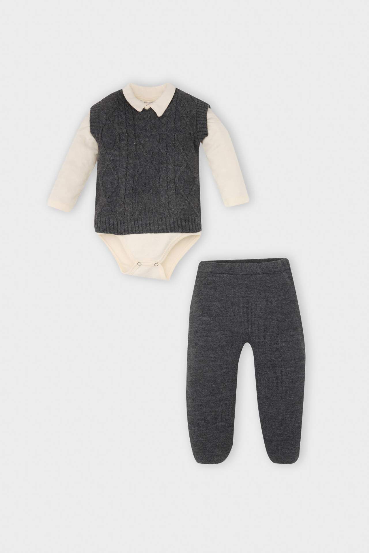 Erkek Bebek 3'lü Takım Polo Yaka Düğmeli Uzun Kollu  Çıtçıtlı Body Örgü Desenli Triko Süveter Beli Lastikli Triko Alt