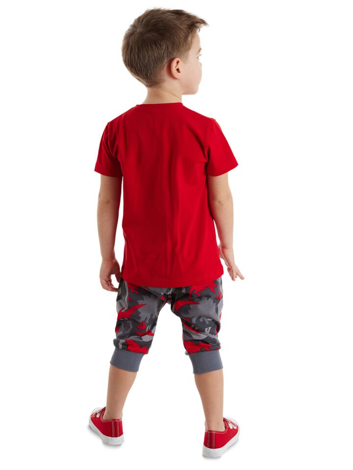 Dino Kamuflaj Erkek Çocuk T-shirt Kapri Şort Takım 5 Y - Kırmızı, Gri