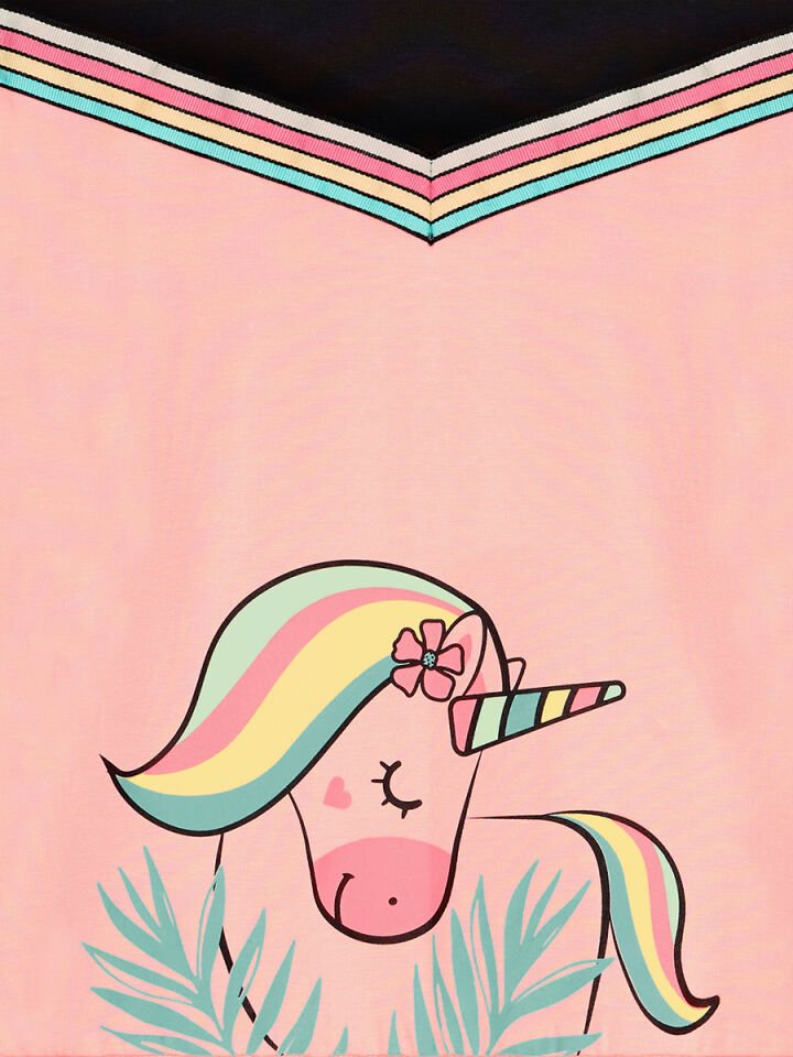 Çiçekli Unicorn Kız Çocuk Somon Siyah Elbise 6 Y - Pembe