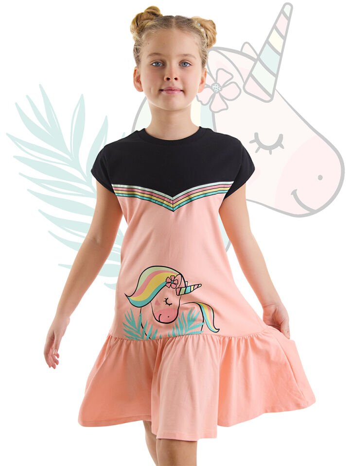 Çiçekli Unicorn Kız Çocuk Somon Siyah Elbise 7 Y - Pembe