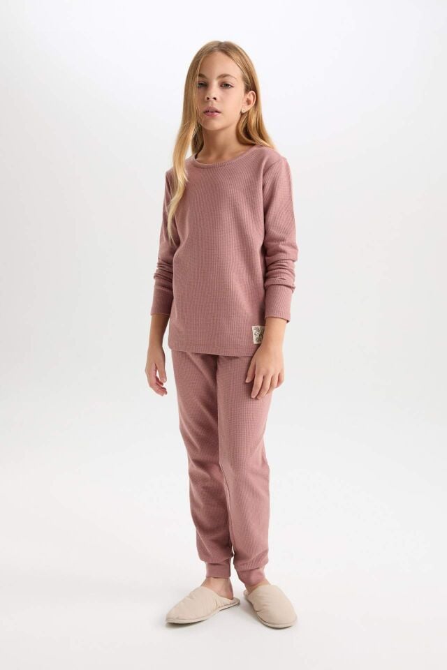 Kız Çocuk Pijama Takım Dokuma Etiketli Waffle  Uzun Kollu Üst Beli Lastikli Uzun Alt