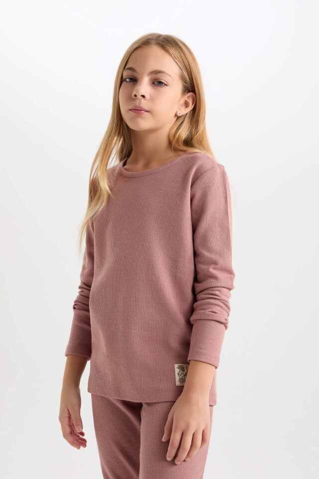 Kız Çocuk Pijama Takım Dokuma Etiketli Waffle  Uzun Kollu Üst Beli Lastikli Uzun Alt
