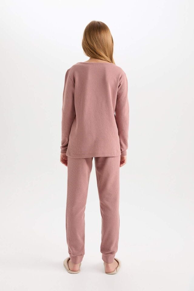 Kız Çocuk Pijama Takım Dokuma Etiketli Waffle  Uzun Kollu Üst Beli Lastikli Uzun Alt
