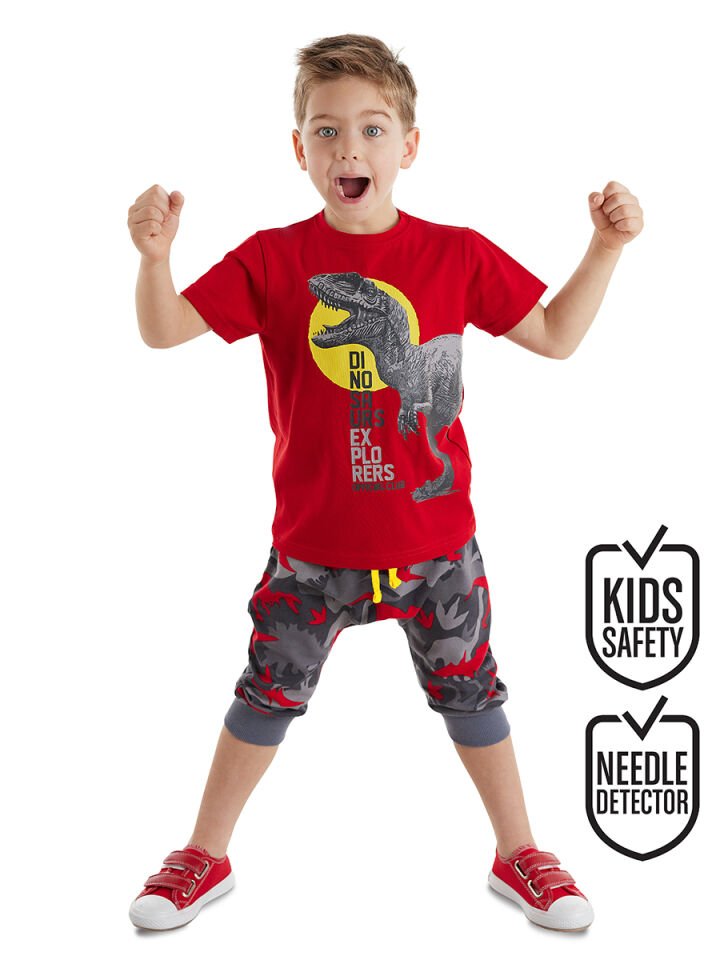 Dino Kamuflaj Erkek Çocuk T-shirt Kapri Şort Takım 8 Y - Kırmızı, Gri