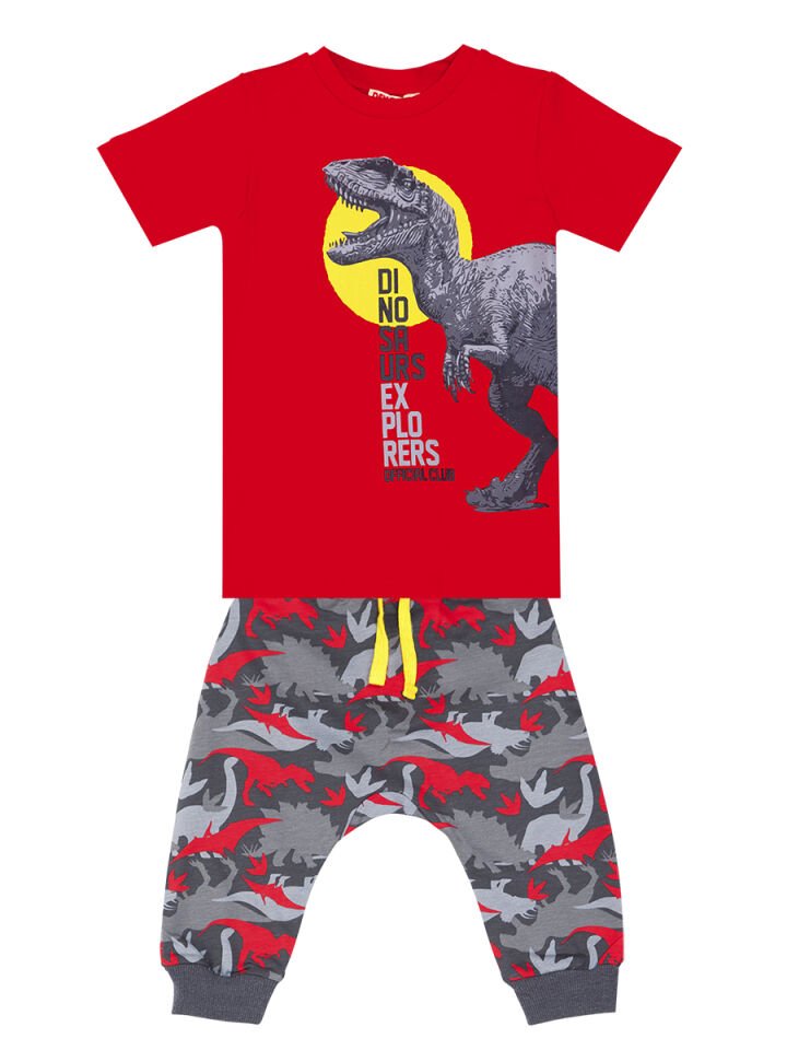 Dino Kamuflaj Erkek Çocuk T-shirt Kapri Şort Takım 8 Y - Kırmızı, Gri