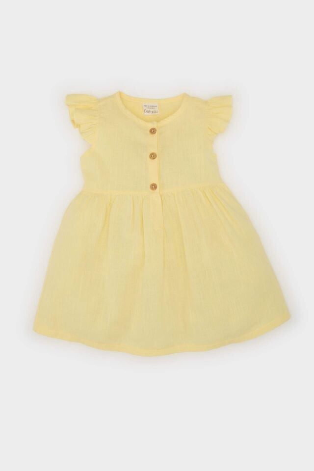Kız Bebek Basic Düz Kısa Kollu Flamlı Poplin Elbise