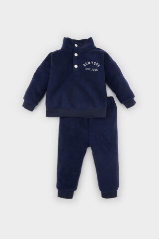 Erkek Bebek 2'li Takım Dik Yaka Düğmeli Baskılı Polar Sweatshirt Eşofman Altı