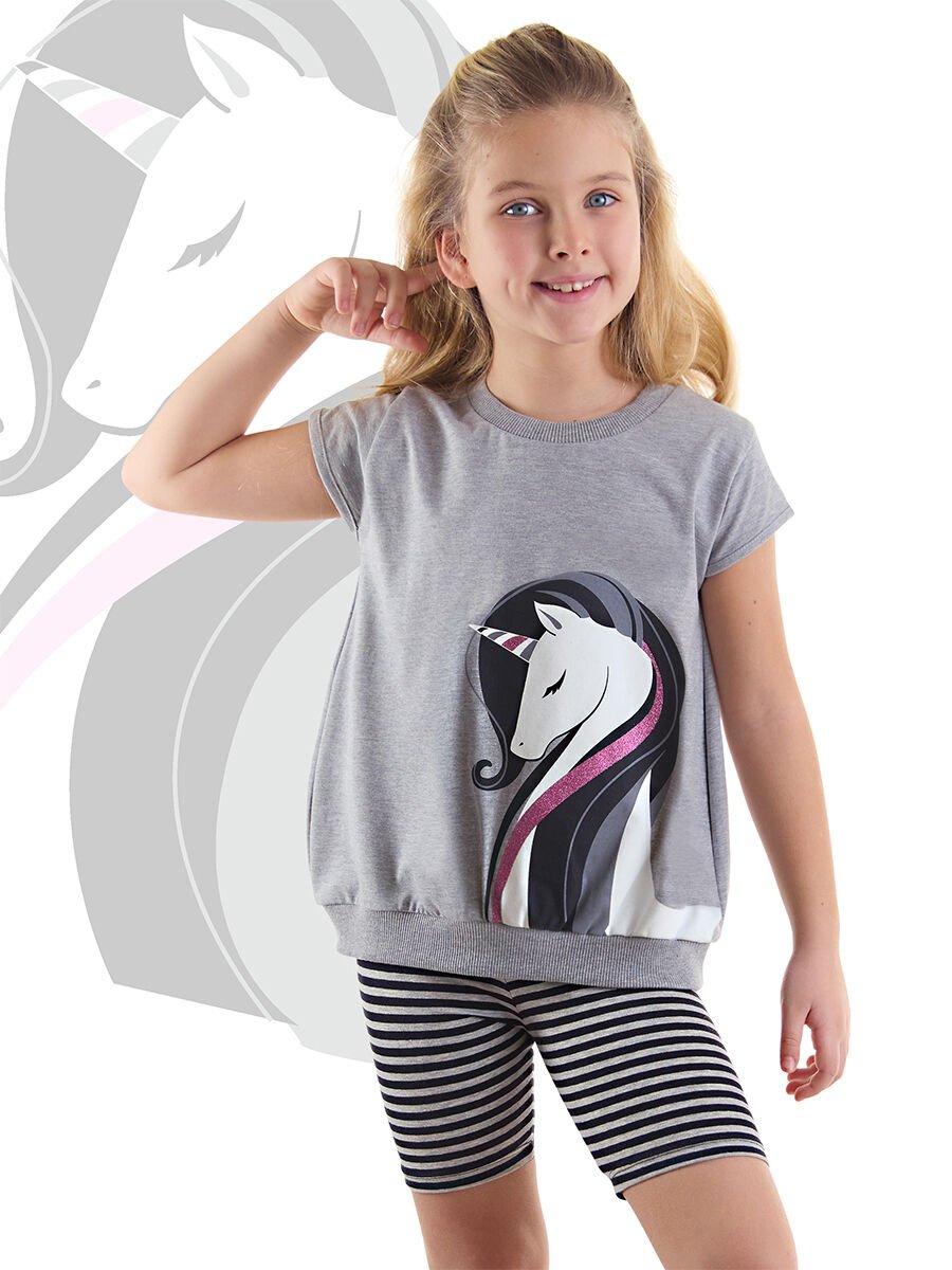 Zarif Unicorn Kız Çocuk Gri Siyah Tunik Tayt Takım 3 Y - Gri