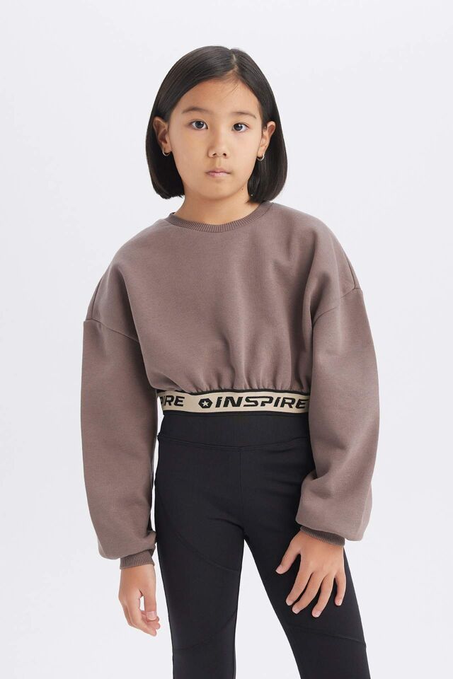 Kız Çocuk Crop Bisiklet YakaBaskılı İçi Yumuşak Tüylü Kalın Sweatshirt