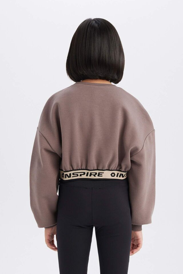 Kız Çocuk Crop Bisiklet YakaBaskılı İçi Yumuşak Tüylü Kalın Sweatshirt