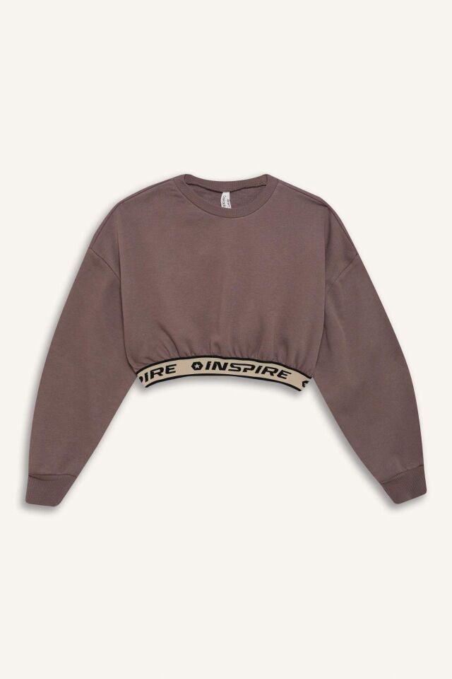 Kız Çocuk Crop Bisiklet YakaBaskılı İçi Yumuşak Tüylü Kalın Sweatshirt