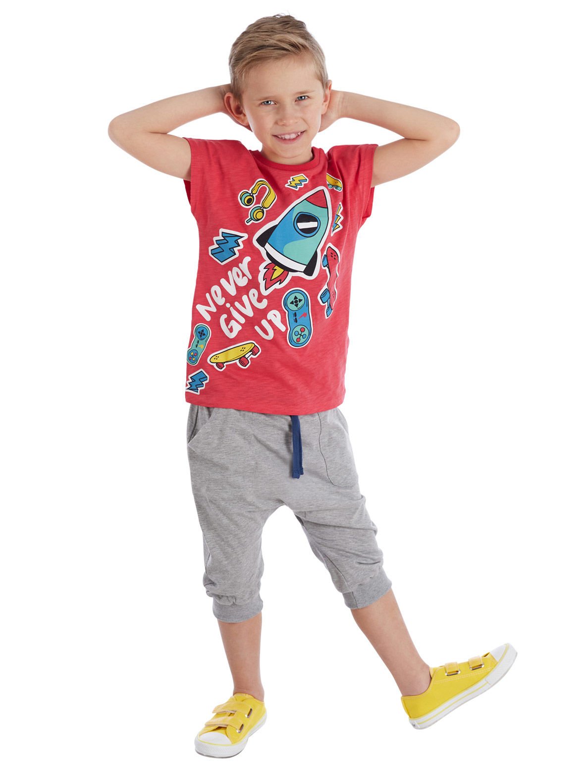 Oyun Zamanı Erkek Çocuk T-shirt Kapri Şort Takım 4 Y - Kırmızı, Gri