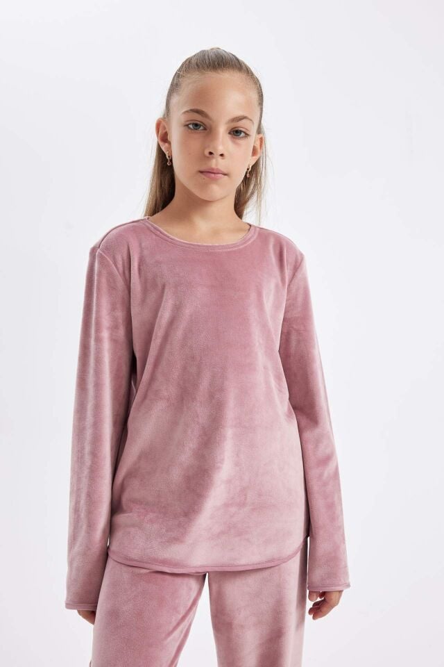 Kız Çocuk Pijama Takımı Bisiklet Yaka Polar Uzun Kollu Üst Uzun Alt