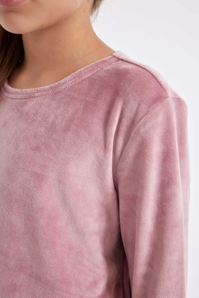 Kız Çocuk Pijama Takımı Bisiklet Yaka Polar Uzun Kollu Üst Uzun Alt