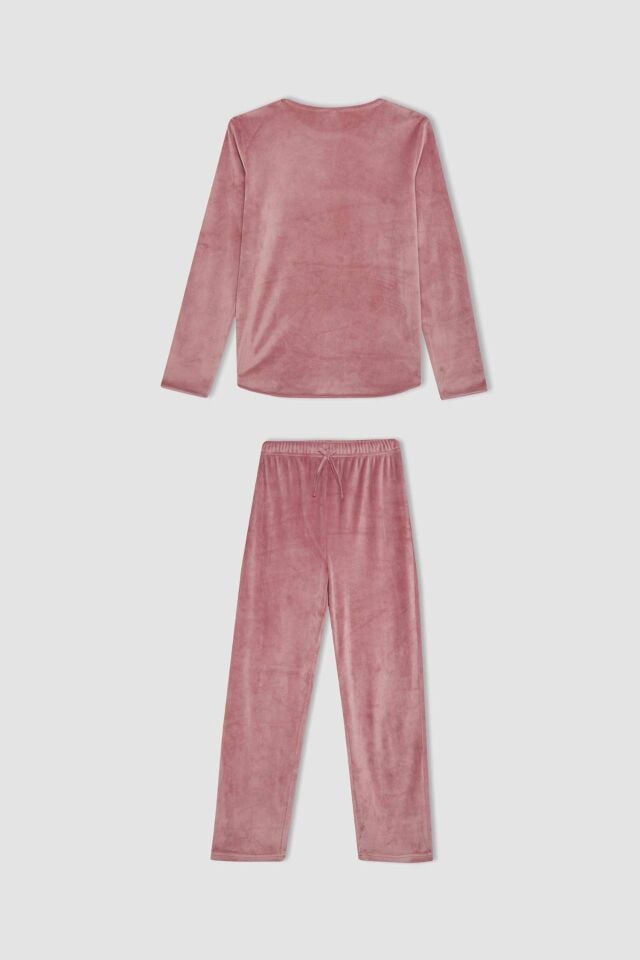 Kız Çocuk Pijama Takımı Bisiklet Yaka Polar Uzun Kollu Üst Uzun Alt