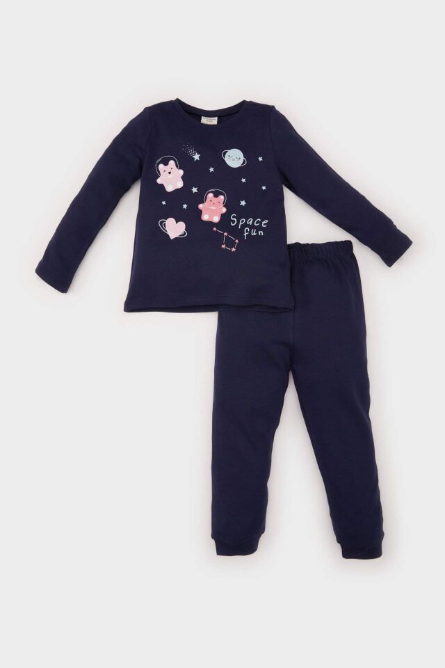 Kız Bebek Pijama Takımı Uzay Baskılı Uzun Kollu Üst Beli Lastikli Uzun Alt