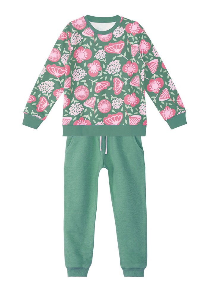 Pembe Çiçekli Kız Çocuk Yeşil Eşofman Takım 5 Y - Haki, Pembe