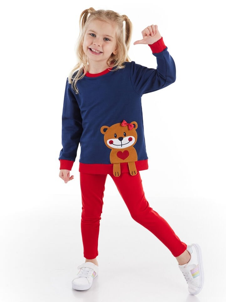 Kolları Sarkan Kız Çocuk Sweatshirt Tayt Takım 5 Y - Lacivert, Kırmızı