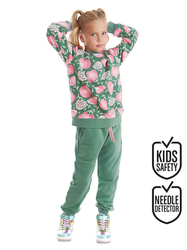 Pembe Çiçekli Kız Çocuk Yeşil Eşofman Takım 6 Y - Haki, Pembe
