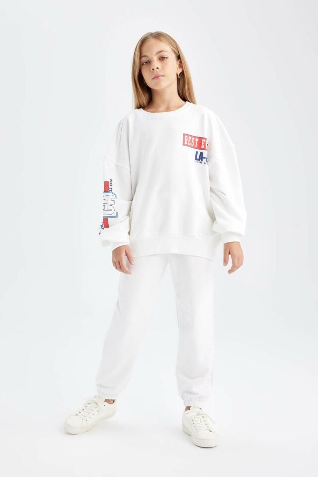 Kız Çocuk 2'li Takım Bisiklet Yaka Baskılı Sweatshirt Jogger  Eşofman Altı