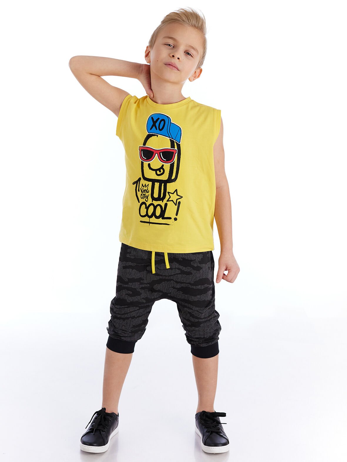 XO Cool Erkek Çocuk T-shirt Kapri Şort Takım 5 Y - Sarı, Siyah