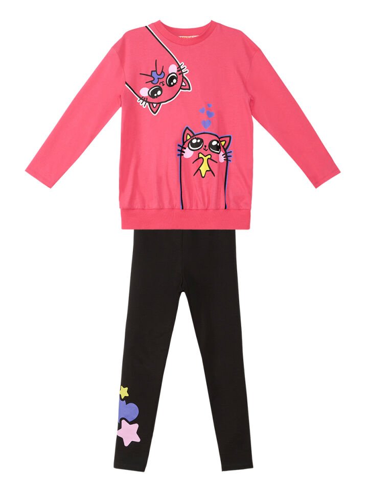 Kanka Kediler Kız Çocuk T-shirt Tayt Takım 3 Y - Pembe
