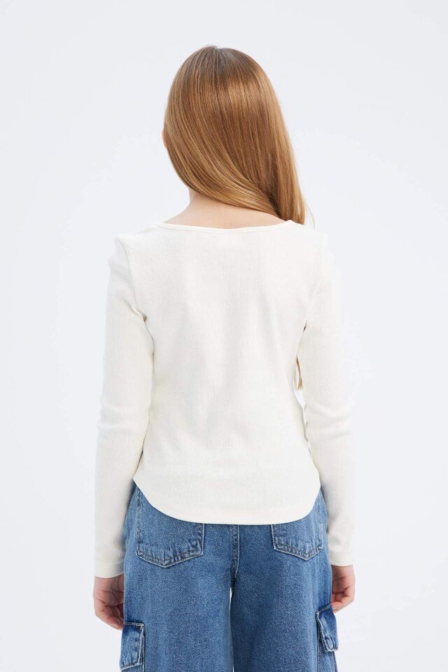 Kız Çocuk Slim Fit Dar Kesim Bisiklet Yaka Fitilli Kaşkorse Uzun Kollu Tişört
