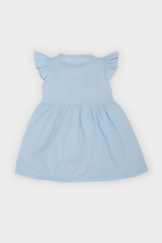 Kız Bebek Basic Düz Kısa Kollu Flamlı Poplin Elbise