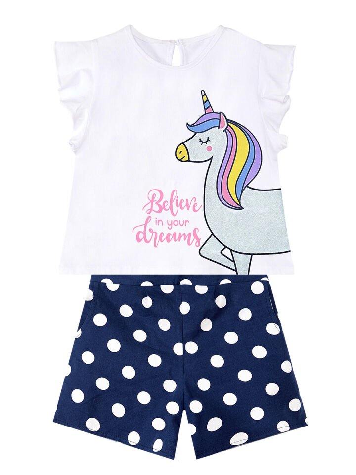 Sim Unicorn Kız Çocuk T-Shirt Poplin Şort Takım 2 Y - Beyaz, Lacivert